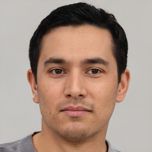 Neutral asian young-adult male with short  black hair and brown eyes