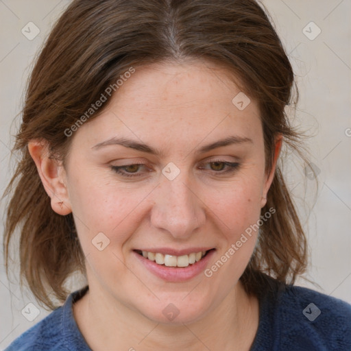 Joyful white young-adult female with medium  brown hair and blue eyes