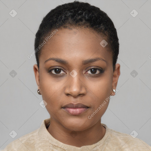 Neutral black young-adult female with short  black hair and brown eyes