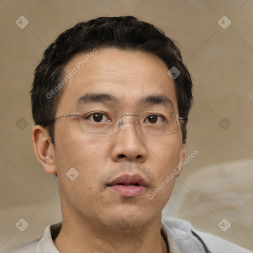 Neutral asian adult male with short  black hair and brown eyes