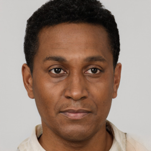Neutral black adult male with short  brown hair and brown eyes