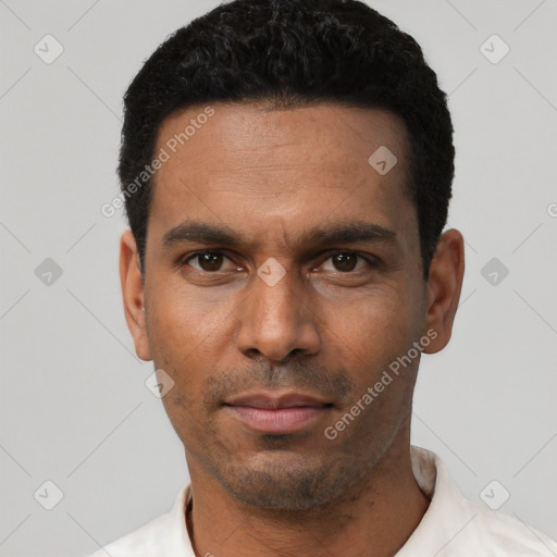 Neutral latino young-adult male with short  black hair and brown eyes