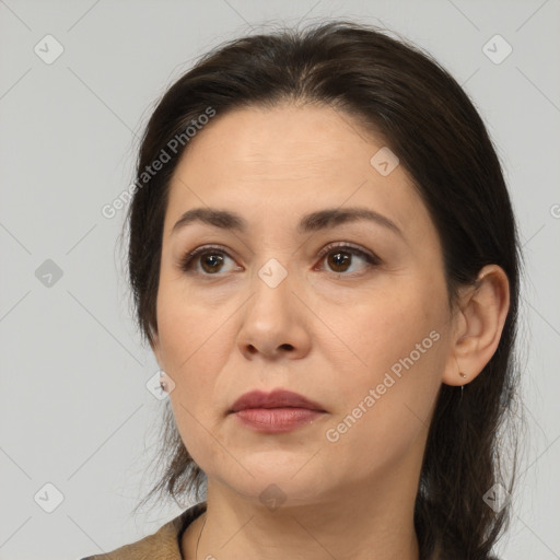 Neutral white young-adult female with medium  brown hair and brown eyes