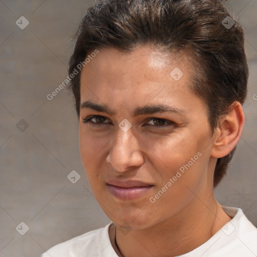 Joyful white adult female with short  brown hair and brown eyes