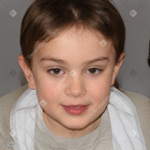 Joyful white child female with short  brown hair and brown eyes