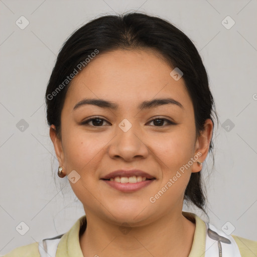 Joyful latino young-adult female with medium  brown hair and brown eyes