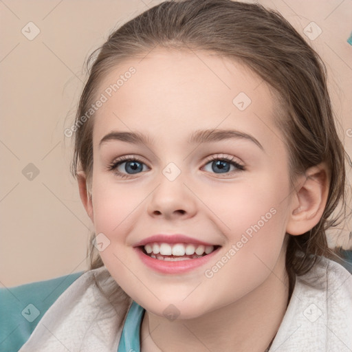 Joyful white child female with medium  brown hair and brown eyes