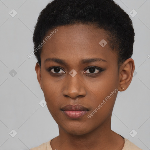 Neutral black young-adult female with short  black hair and brown eyes