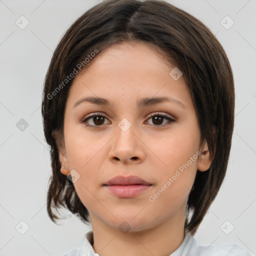 Neutral white young-adult female with medium  brown hair and brown eyes