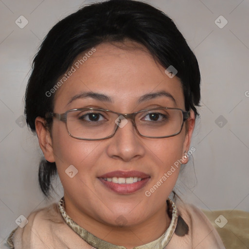 Joyful latino young-adult female with medium  brown hair and brown eyes