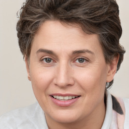 Joyful white adult female with short  brown hair and grey eyes