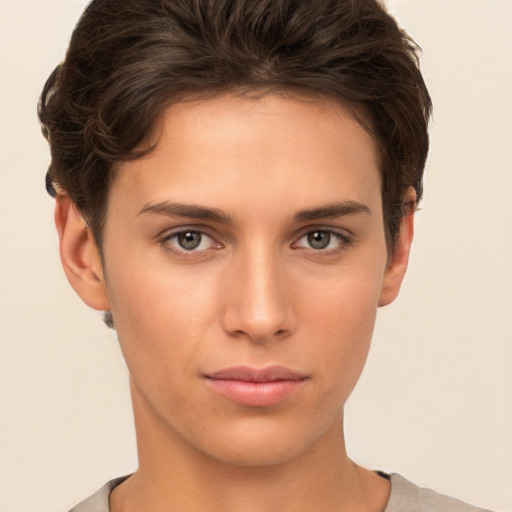 Neutral white young-adult female with short  brown hair and brown eyes