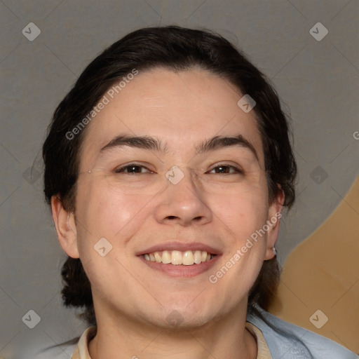 Joyful white adult male with medium  brown hair and brown eyes