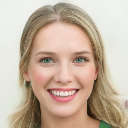 Joyful white young-adult female with long  brown hair and blue eyes