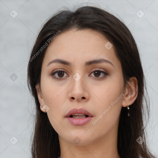 Neutral asian young-adult female with long  brown hair and brown eyes