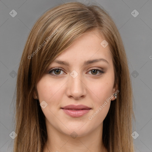 Joyful white young-adult female with long  brown hair and grey eyes