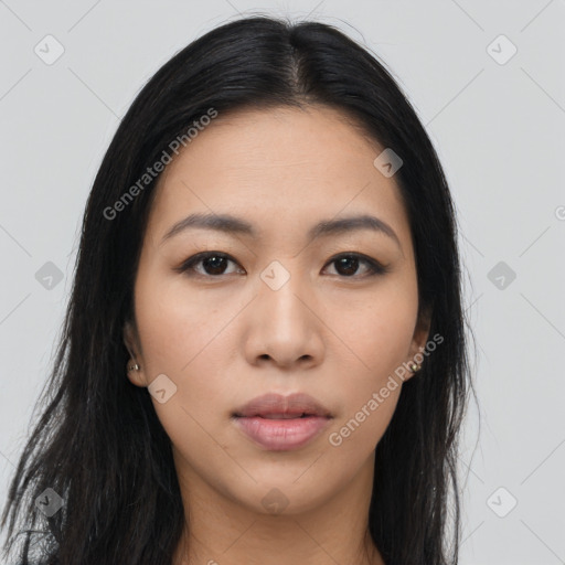 Neutral asian young-adult female with long  black hair and brown eyes