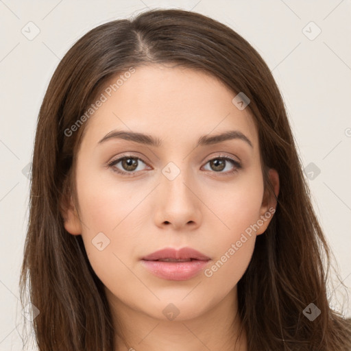 Neutral white young-adult female with long  brown hair and brown eyes