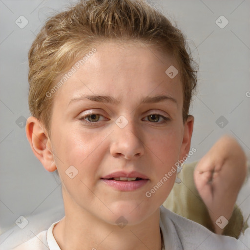 Joyful white young-adult female with short  brown hair and grey eyes