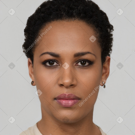 Neutral latino young-adult female with short  black hair and brown eyes