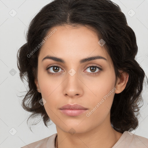 Neutral white young-adult female with medium  brown hair and brown eyes