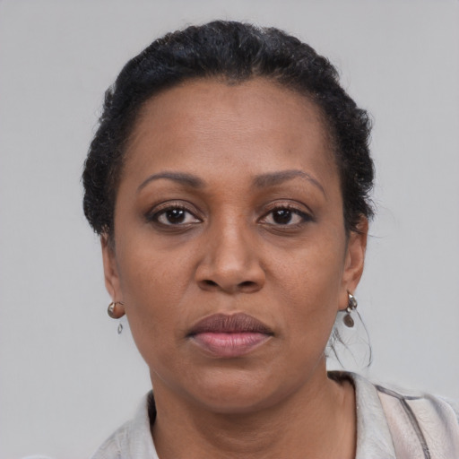 Neutral black adult female with short  brown hair and brown eyes
