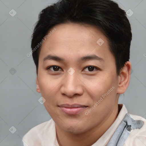 Joyful white adult female with short  brown hair and brown eyes