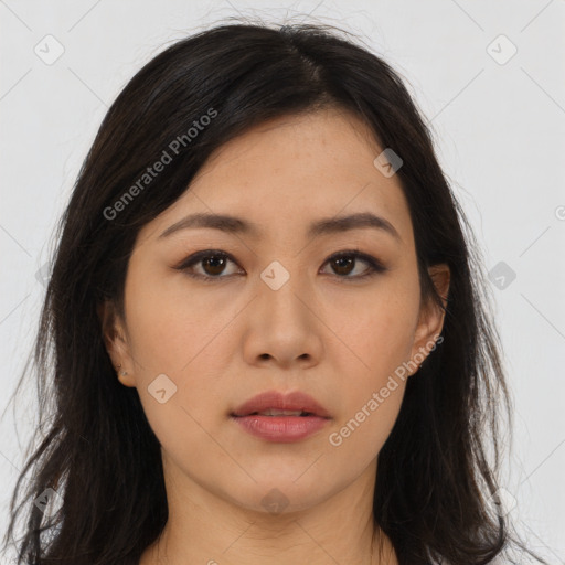 Neutral asian young-adult female with long  brown hair and brown eyes