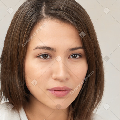 Neutral white young-adult female with medium  brown hair and brown eyes