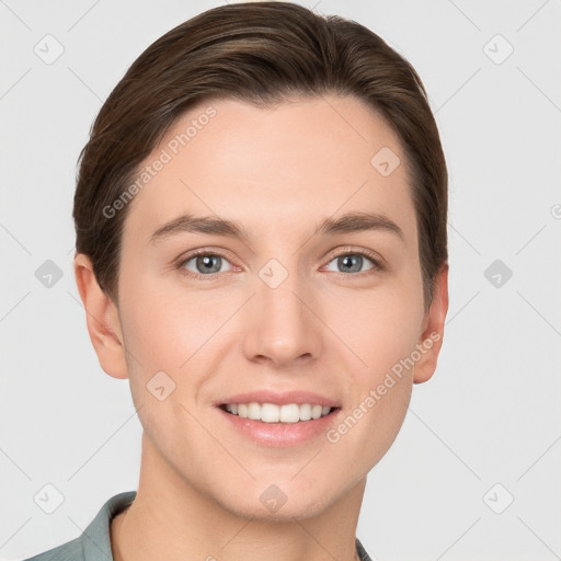 Joyful white young-adult female with short  brown hair and grey eyes