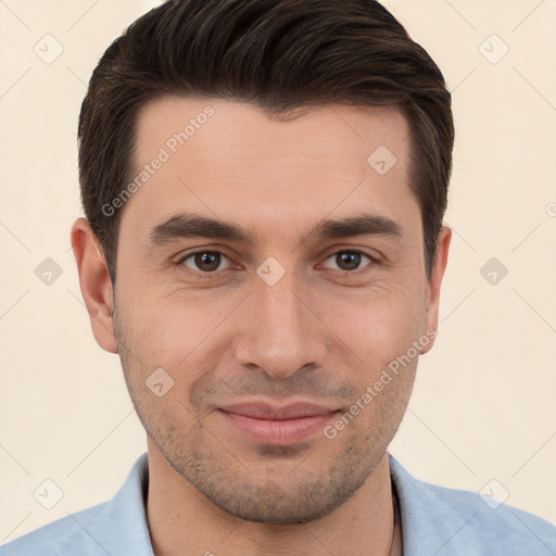 Joyful white young-adult male with short  brown hair and brown eyes