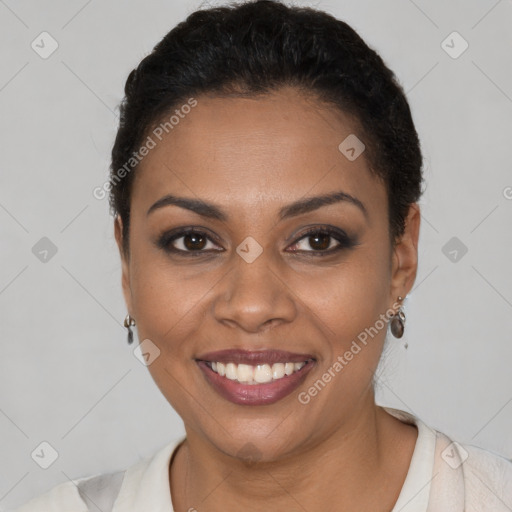 Joyful latino young-adult female with short  brown hair and brown eyes