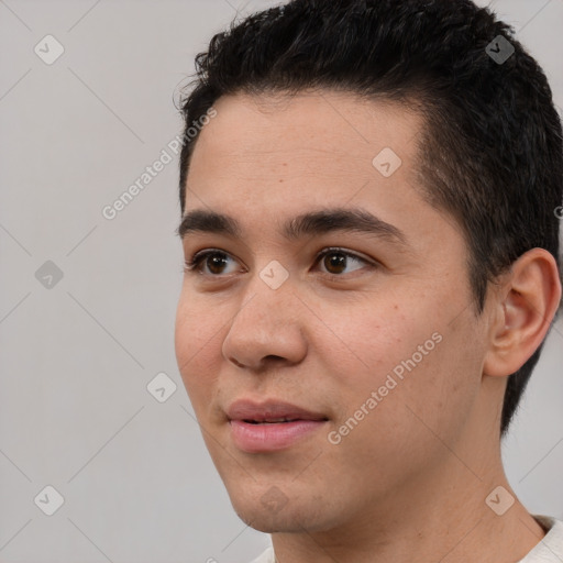 Neutral white young-adult male with short  black hair and brown eyes