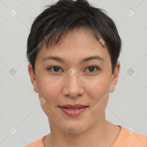 Joyful asian young-adult female with short  brown hair and brown eyes