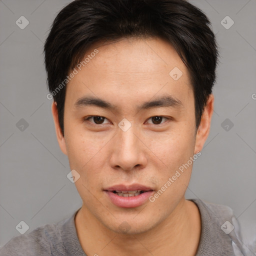 Neutral asian young-adult male with short  brown hair and brown eyes