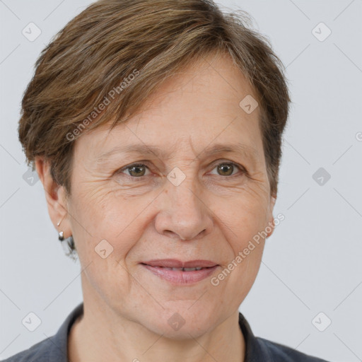 Joyful white middle-aged female with short  brown hair and brown eyes