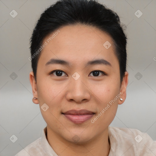 Joyful asian young-adult female with short  brown hair and brown eyes