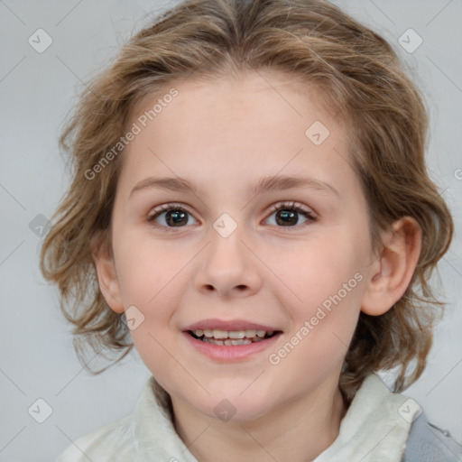 Joyful white child female with medium  brown hair and blue eyes