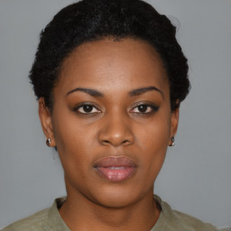 Neutral black young-adult female with short  black hair and brown eyes