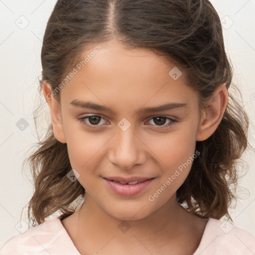 Joyful white child female with medium  brown hair and brown eyes