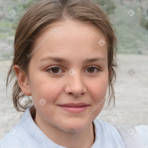 Joyful white child female with medium  brown hair and brown eyes