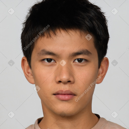 Neutral asian young-adult male with short  brown hair and brown eyes