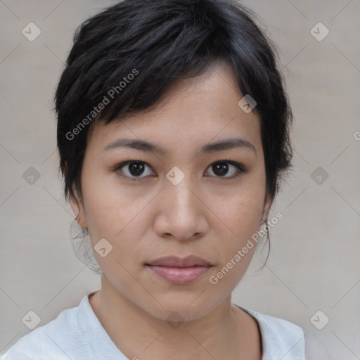 Neutral white young-adult female with medium  brown hair and brown eyes