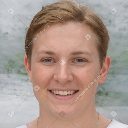 Joyful white young-adult female with short  brown hair and grey eyes