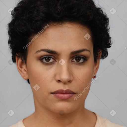 Neutral latino young-adult female with short  black hair and brown eyes