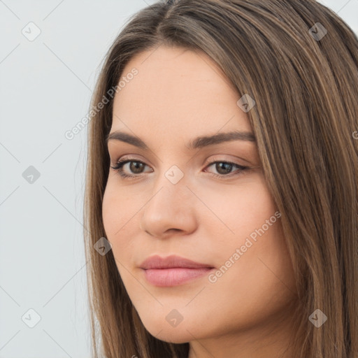 Neutral white young-adult female with long  brown hair and brown eyes