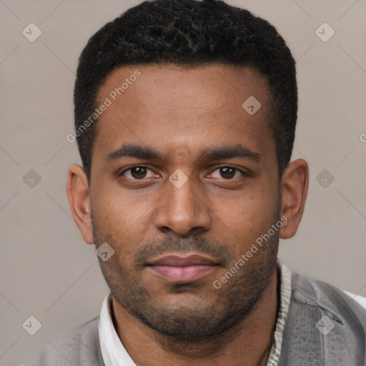 Neutral latino young-adult male with short  black hair and brown eyes