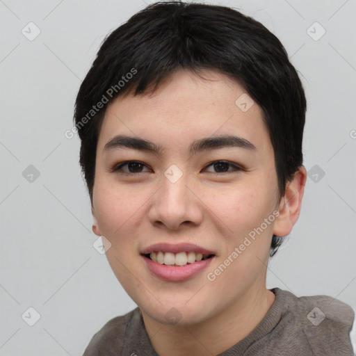 Joyful asian young-adult female with short  black hair and brown eyes