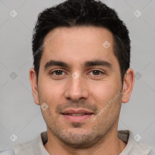 Joyful white young-adult male with short  black hair and brown eyes