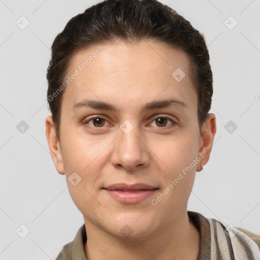 Joyful white young-adult female with short  brown hair and brown eyes